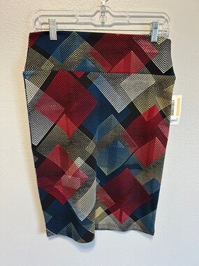 LuLaRoe Cassie Geometric Pencil Skirt in Red, Blue & Cream. Size Small